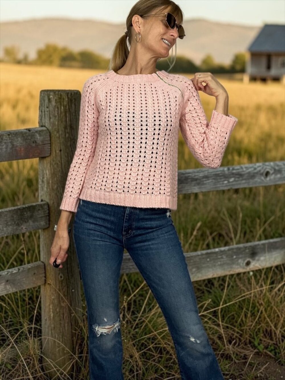 Free People Crochet Wool Blend Sweater XS Bunny Pink Cropped